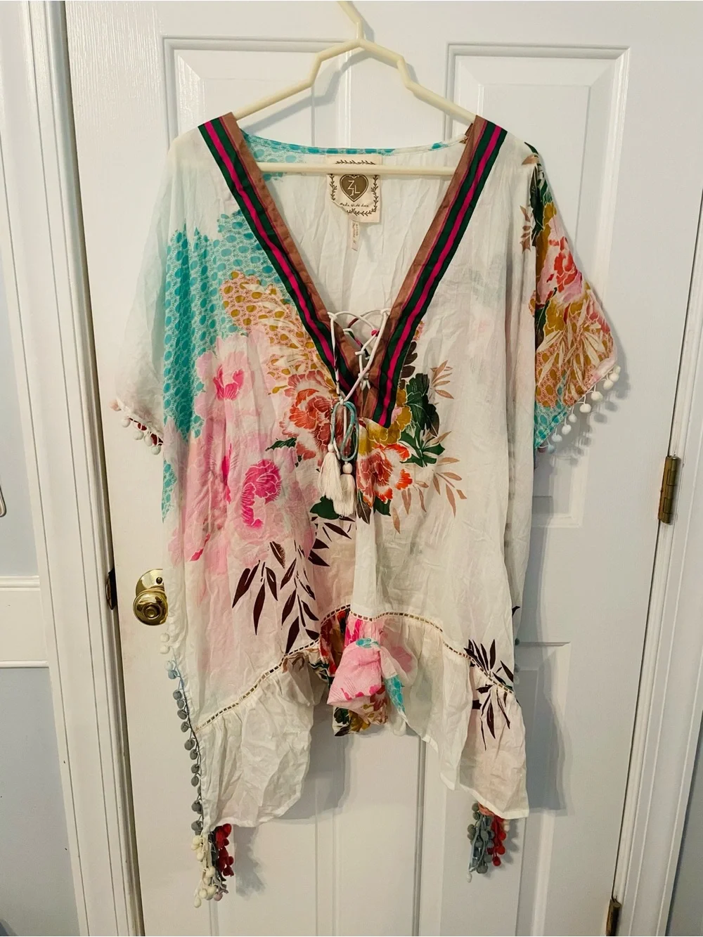 Floral Pom-Pom Women’s Swim Coverup Tunic - Pastel Floral - Picture 4 of 8